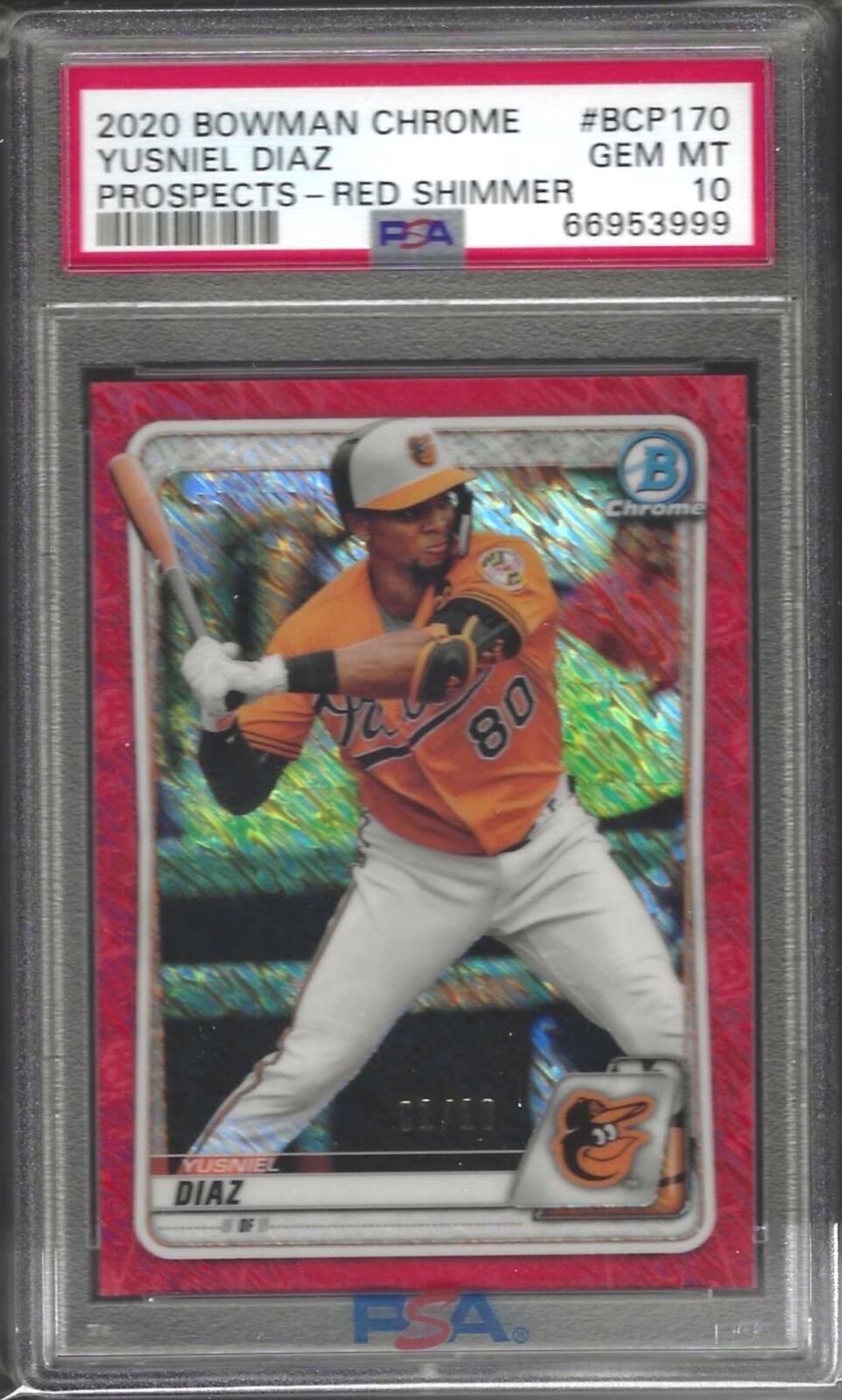 YUSNIEL DIAZ 2020 BOWMAN CHROME RED SHIMMER REFRACTOR PROSPECT /10 PSA 10 POP 1