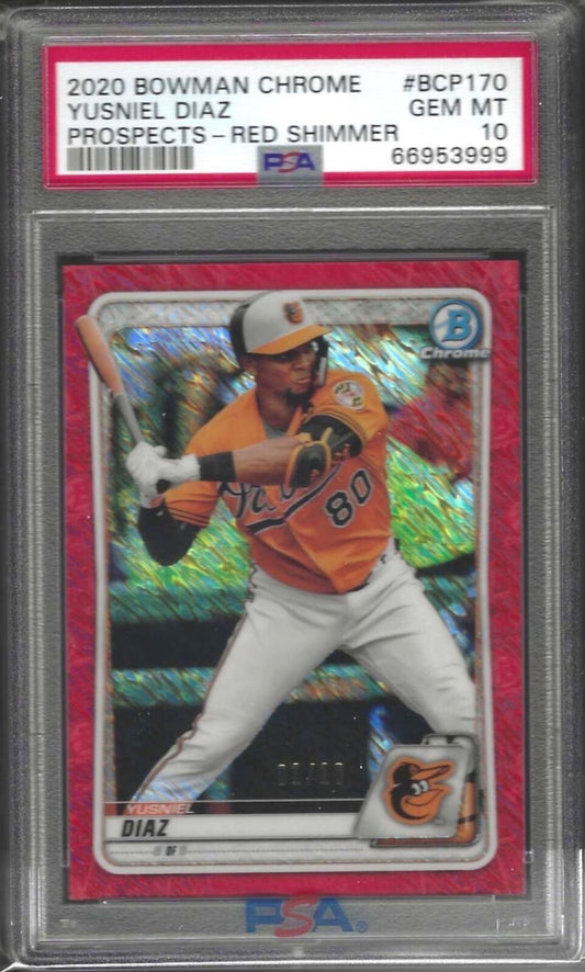 YUSNIEL DIAZ 2020 BOWMAN CHROME RED SHIMMER REFRACTOR PROSPECT /10 PSA 10 POP 1