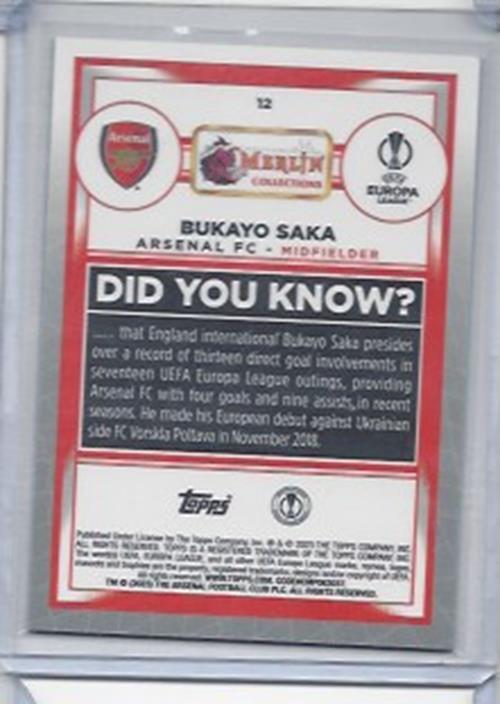BUKAYO SAKA 2022-23 TOPPS MERLIN CHROME GREEN SHIMMER REFRACTOR #D 51/350
