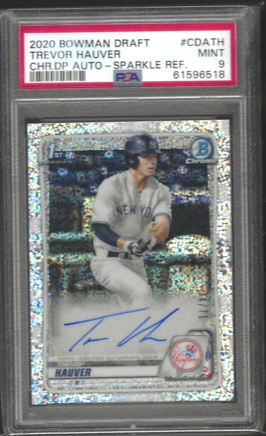TREVOR HAUVER 2020 BOWMAN CHROME SPARKLE REFRACTOR PROSPECT AUTO /71 PSA 9 POP 3