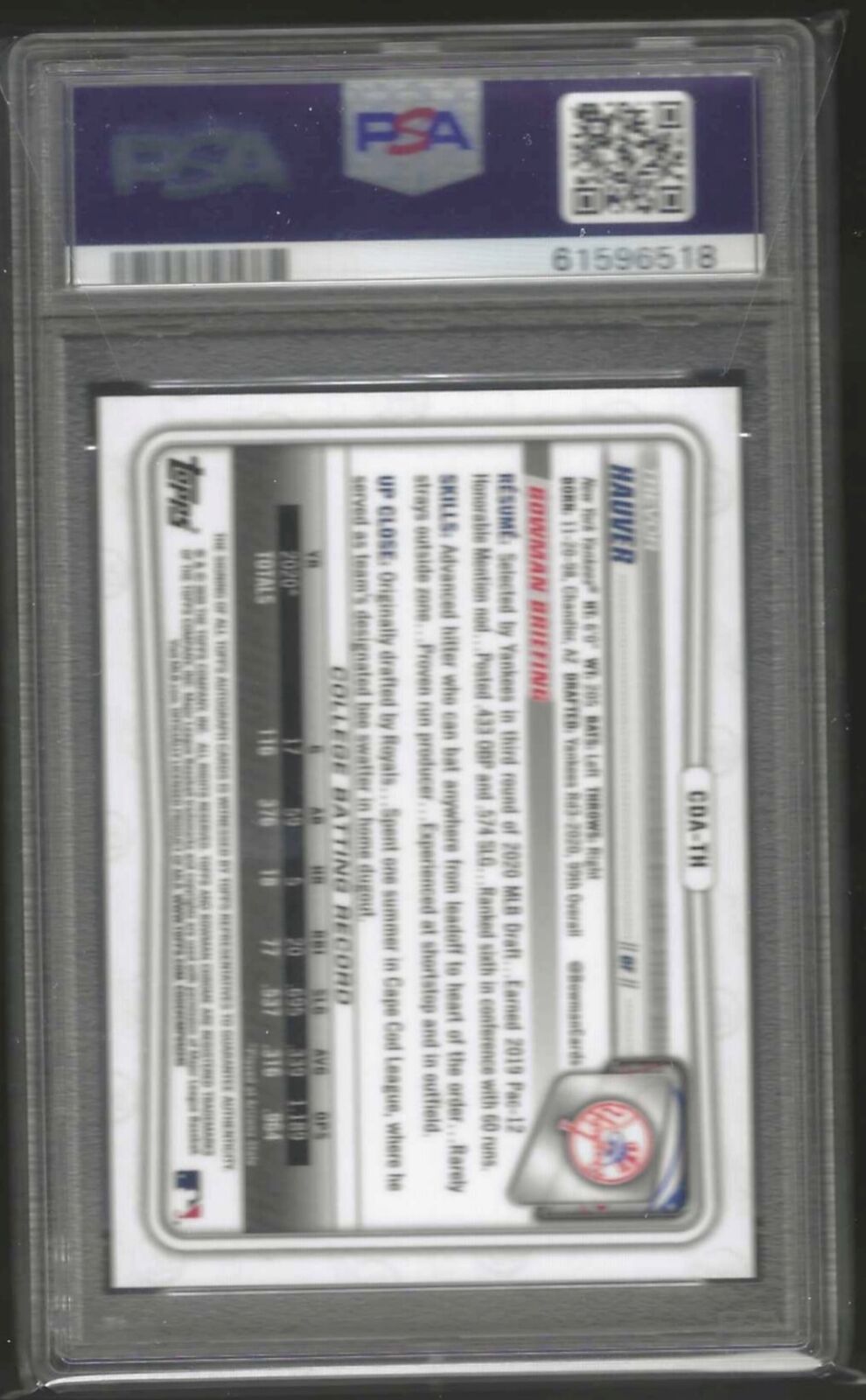 TREVOR HAUVER 2020 BOWMAN CHROME SPARKLE REFRACTOR PROSPECT AUTO /71 PSA 9 POP 3