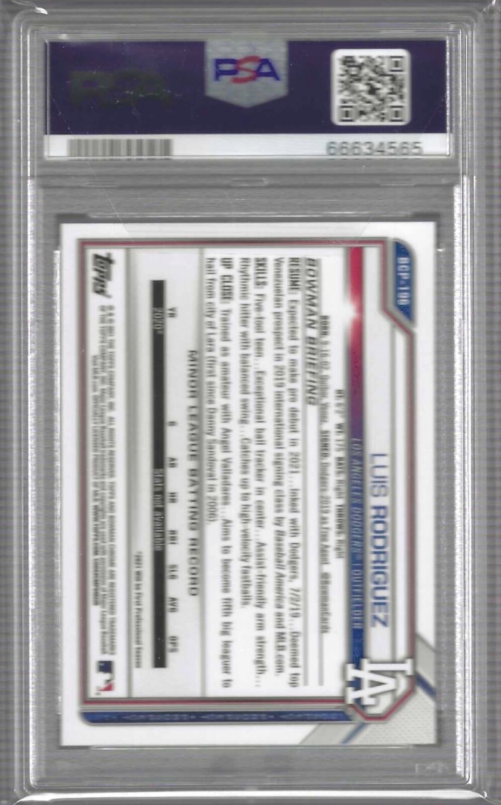 LUIS RODRIGUEZ 2021 BOWMAN CHROME MOJO REFRACTOR 1ST PROSPECT #BCP196 PSA 10 GEM