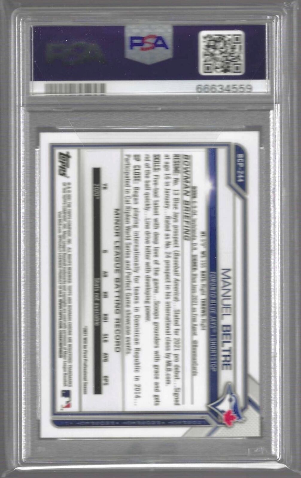 MANUEL BELTRE 2021 BOWMAN CHROME MEGA REFRACTOR 1ST PROSPECT #244 PSA 10 POP 30