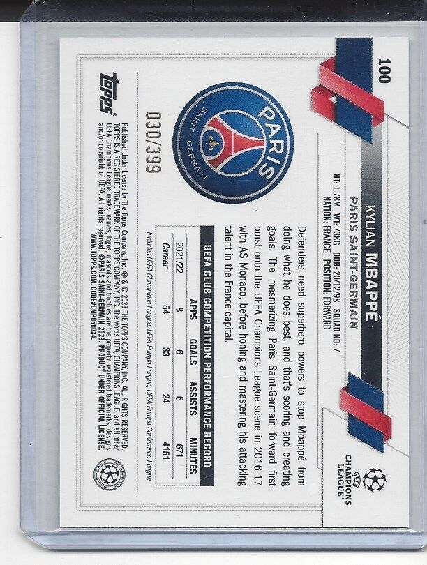 KYLIAN MBAPPE 2022-23 TOPPS CLUB COMPETITIONS AQUA ICY FOIL #D 30/399