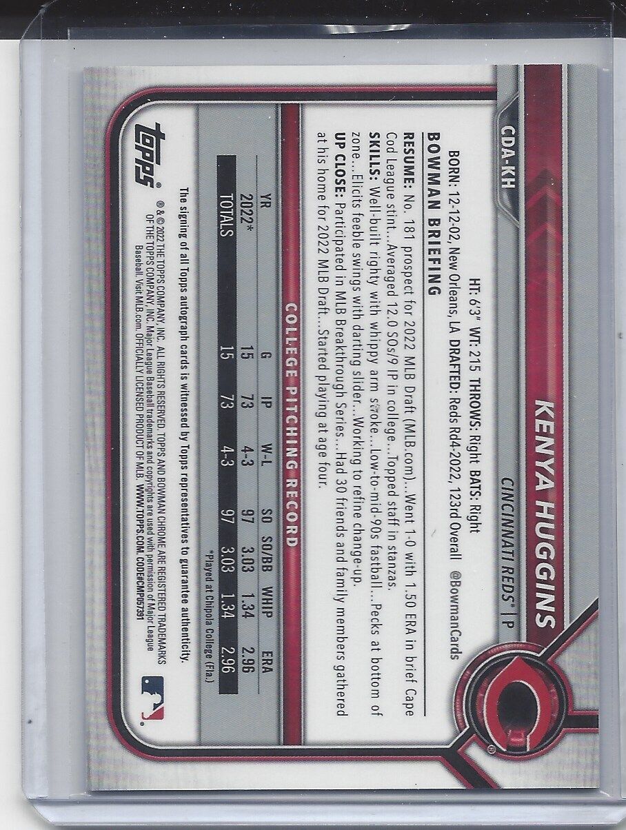 KENYA HUGGINS 2022 BOWMAN DRAFT CHROME 1ST PROSPECT ON CARD AUTO