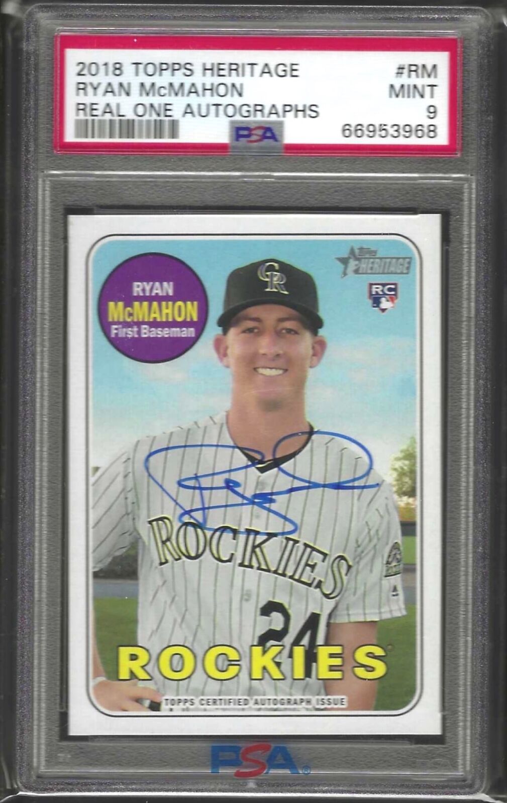 RYAN MCMAHON 2018 TOPPS HERITAGE REAL ONE ROOKIE AUTO RC #ROA-RM PSA 9 POP 12