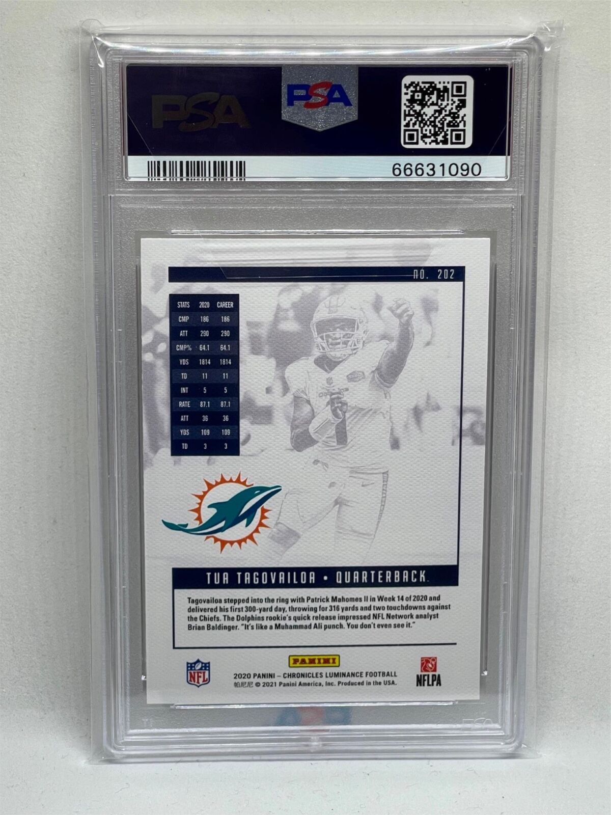 TUA TAGOVAILOA 2020 PANINI CHRONICLES LUMINANCE PINK ROOKIE RC #202 PSA 10 GEM
