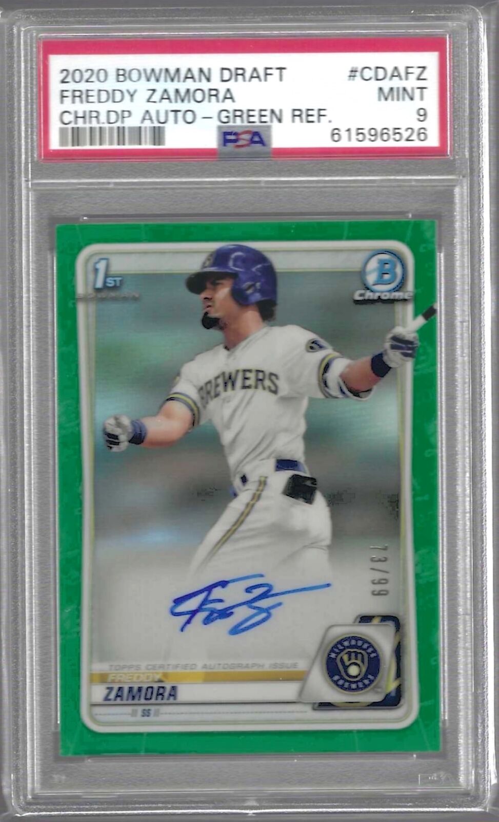 FREDDY ZAMORA 2020 BOWMAN DRAFT CHROME 1ST GREEN REFRACTOR AUTO /99 PSA 9