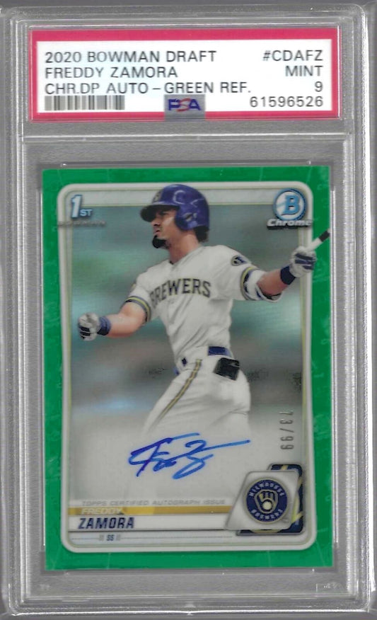 FREDDY ZAMORA 2020 BOWMAN DRAFT CHROME 1ST GREEN REFRACTOR AUTO /99 PSA 9
