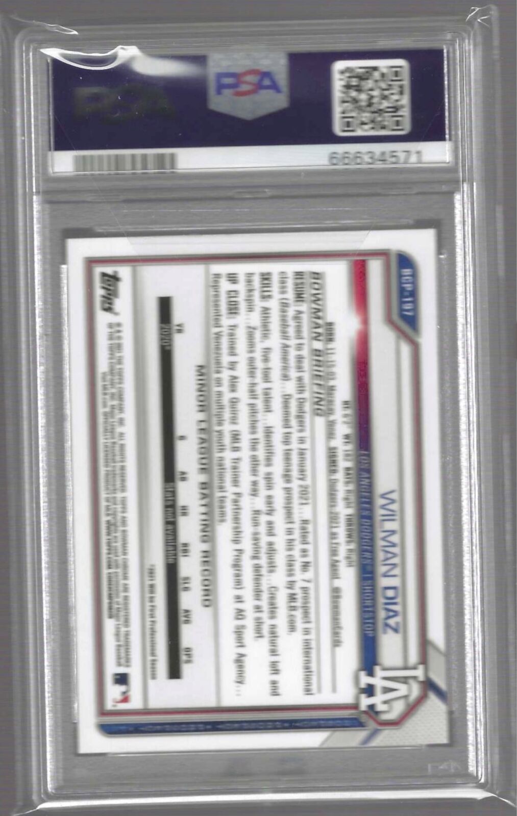 WILMAN DIAZ 2021 BOWMAN CHROME MEGA REFRACTOR 1ST PROSPECT #BCP197 PSA 10 POP 20