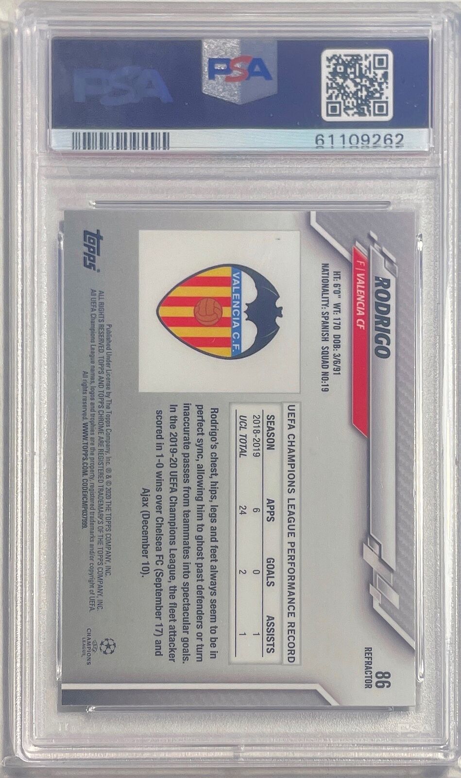 RODRIGO 2019-20 TOPPS CHROME UCL REFRACTOR #86 PSA 10 GEM MINT POP 5
