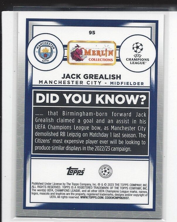 JACK GREALISH 2022-23 TOPPS MERLIN CHROME SPECKLE REFRACTOR #D 35/150
