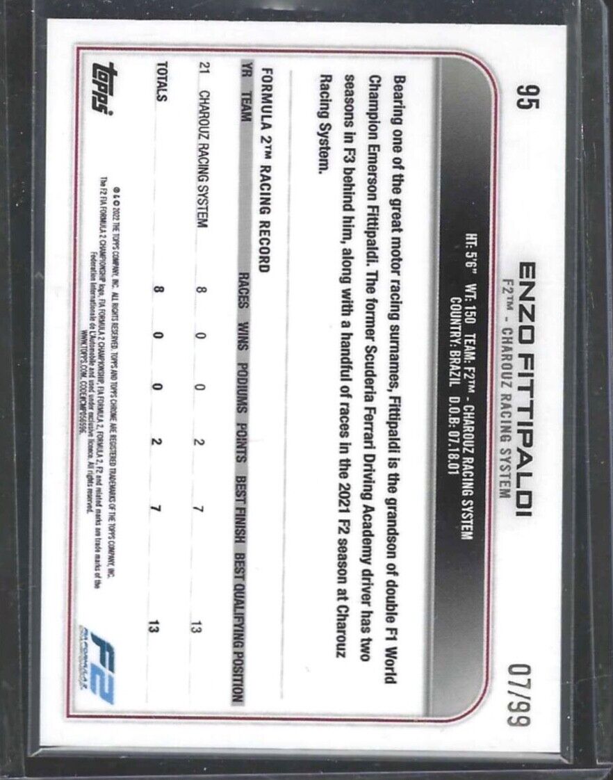 ENZO FITTIPALDI 2022 TOPPS CHROME F1 GREEN LAVA REFRACTOR FUTURE STARS #D 07/99