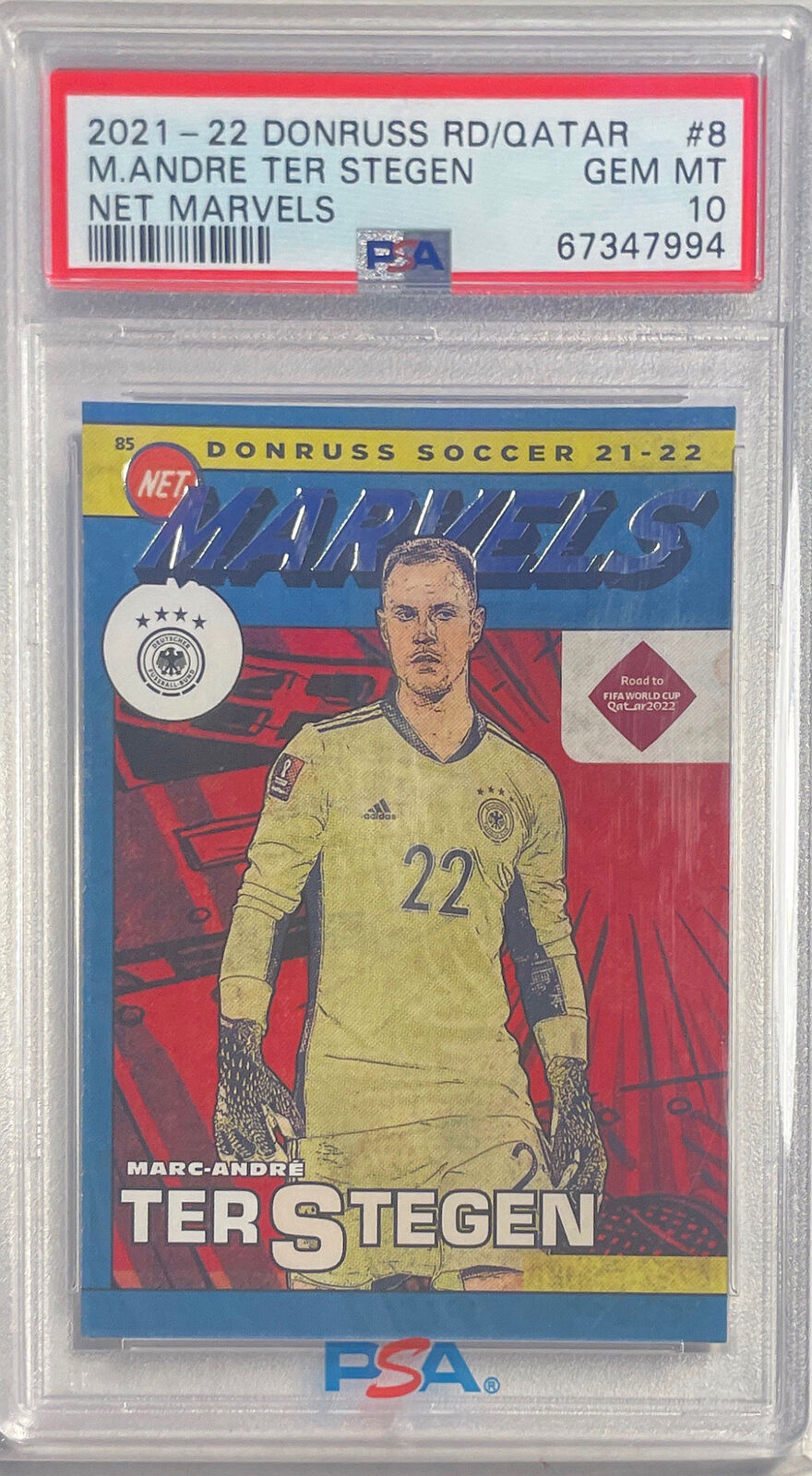 MARC-ANDRE TER STEGEN 2021-22 DONRUSS ROAD TO QATAR NET MARVELS 8 PSA 10 POP 1/1