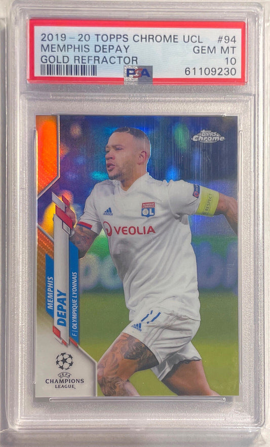 MEMPHIS DEPAY 2019-20 TOPPS CHROME UCL GOLD REFRACTOR #D 28/50 PSA 10 POP 1/1