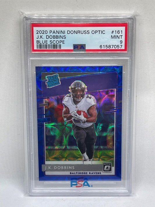 JK DOBBINS 2020 PANINI DONRUSS OPTIC RATED ROOKIE BLUE SCOPE HOLO RC #161 PSA 9