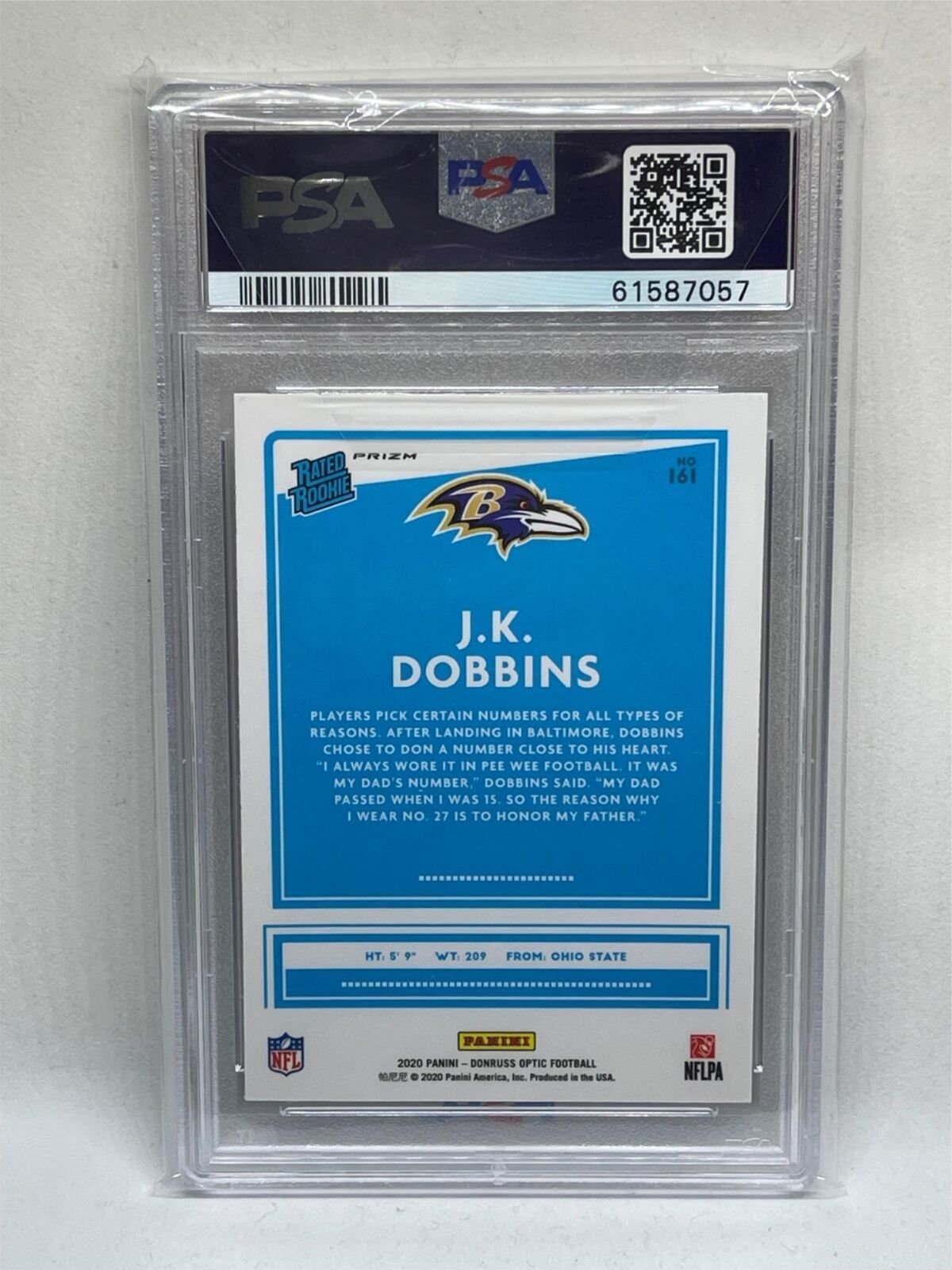 JK DOBBINS 2020 PANINI DONRUSS OPTIC RATED ROOKIE BLUE SCOPE HOLO RC #161 PSA 9