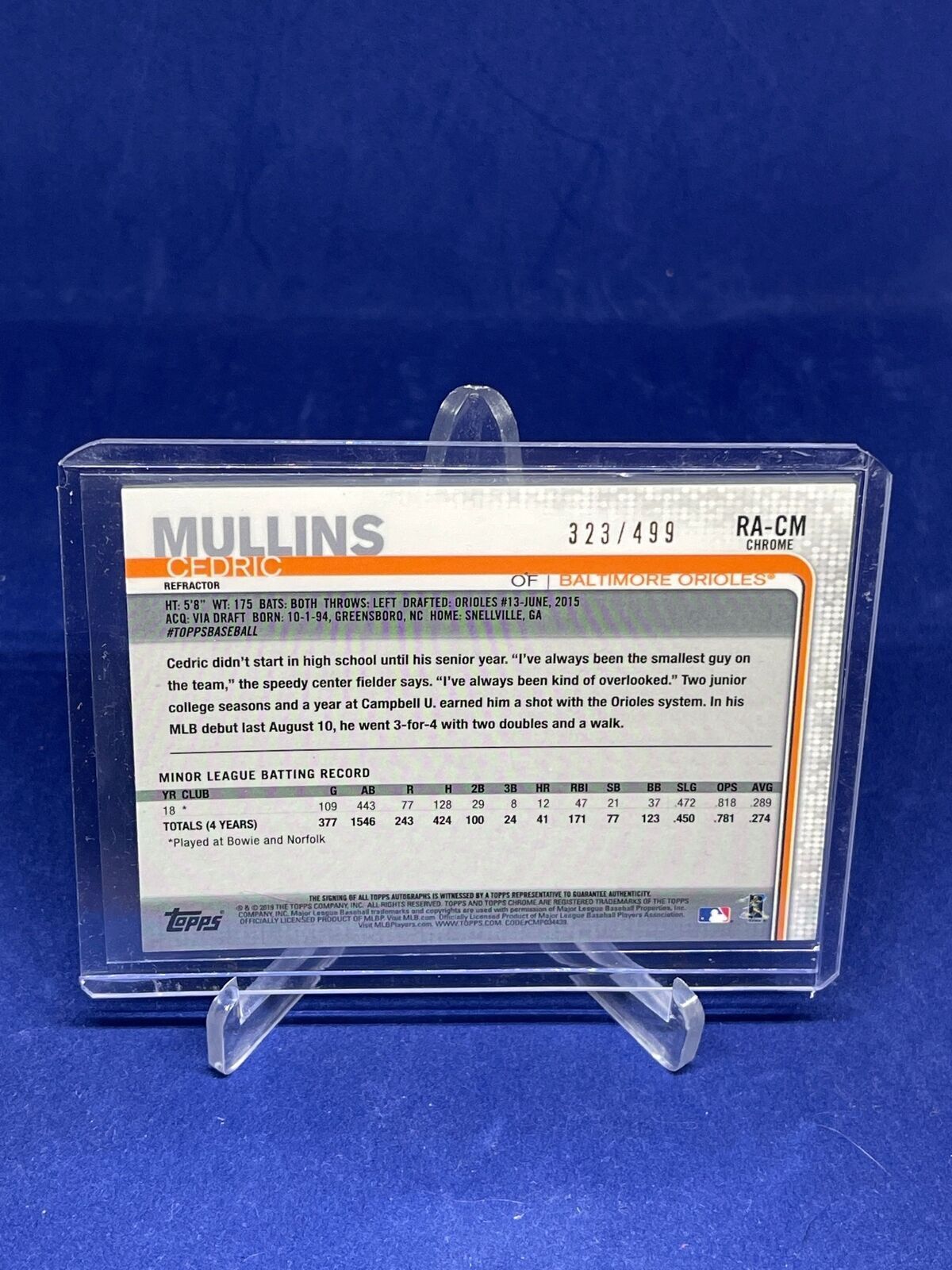 CEDRIC MULLINS 2019 TOPPS CHROME ON CARD AUTO REFRACTOR ROOKIE RC #D 323/499