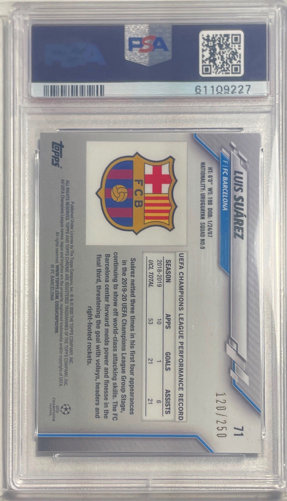 LUIS SUAREZ 2019-20 TOPPS CHROME UCL PURPLE REFRACTOR #D 120/250 PSA 10 POP 1/1