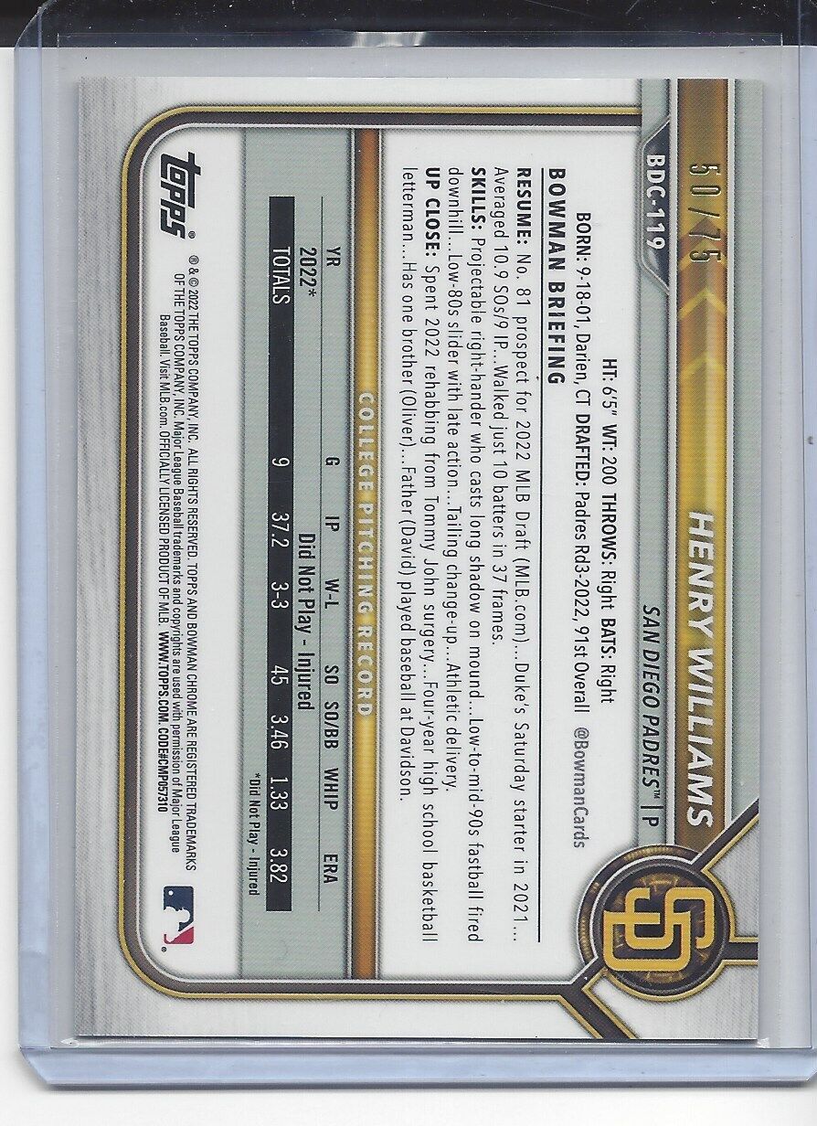 HENRY WILLIAMS 2022 BOWMAN DRAFT CHROME 1ST YELLOW LAVA REFRACTOR #D 50/75
