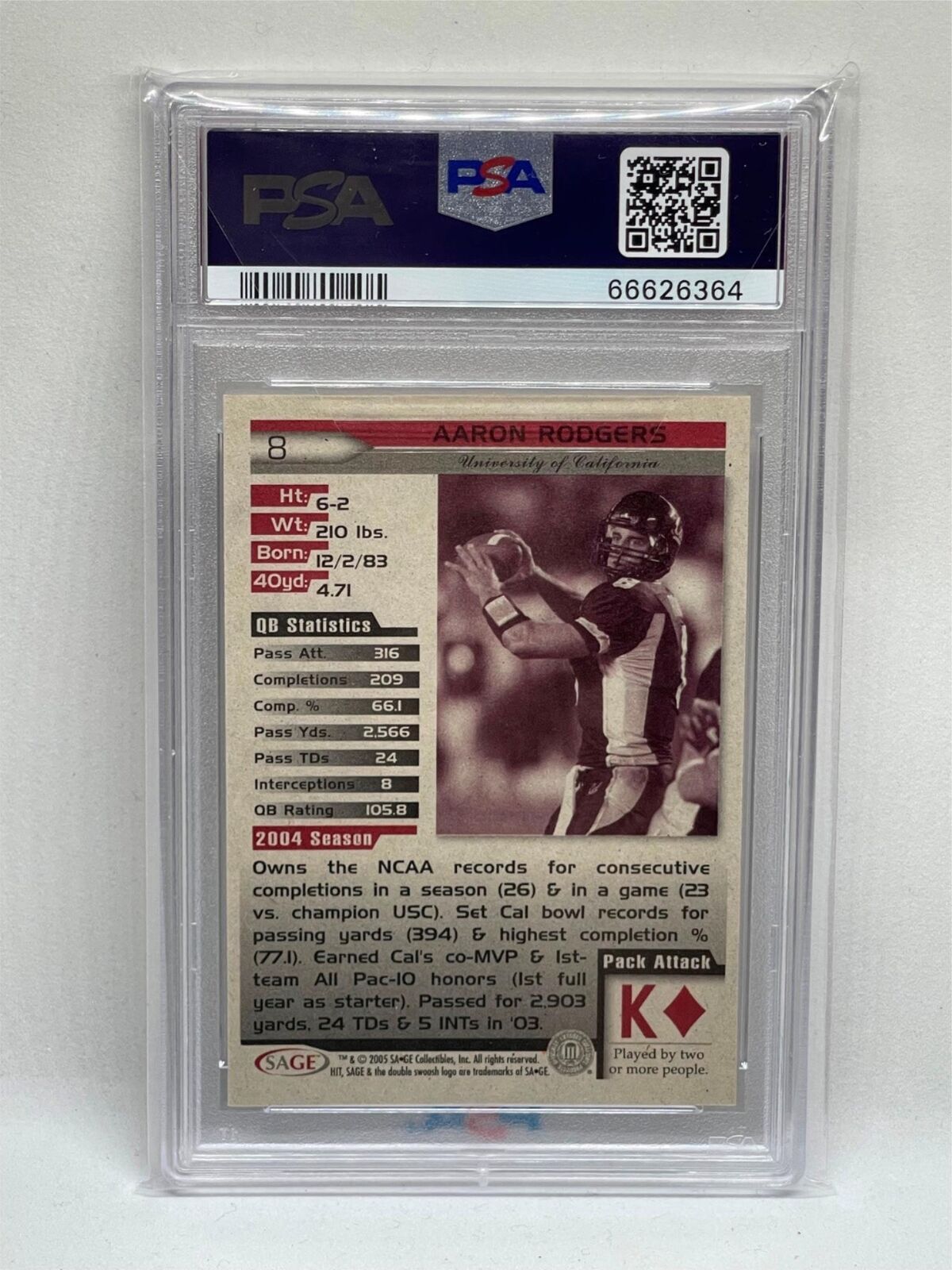AARON RODGERS 2005 SAGE HIT ROOKIE RC #8 PSA 10 GEM MINT
