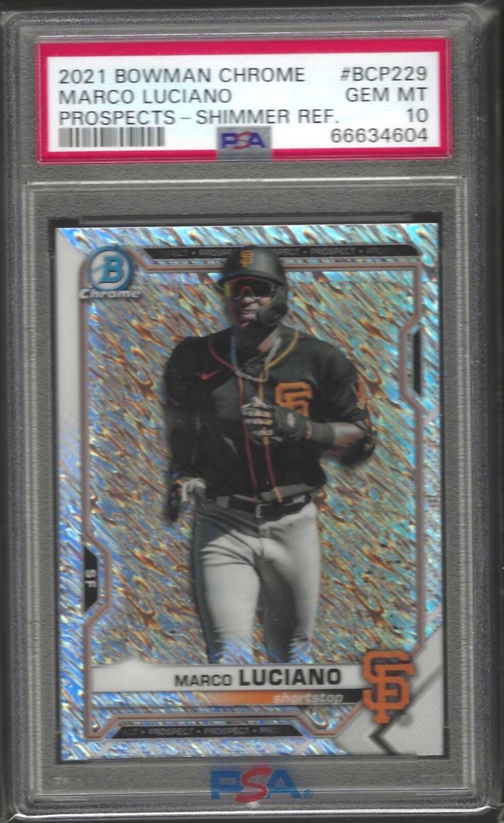 MARCO LUCIANO 2021 BOWMAN CHROME SHIMMER REFRACTOR PROSPECT #229 PSA 10 POP 1/1
