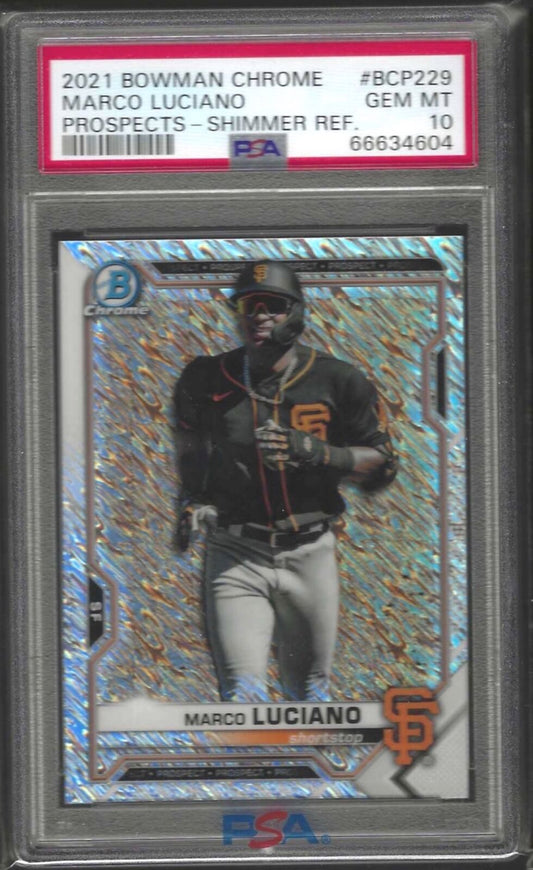 MARCO LUCIANO 2021 BOWMAN CHROME SHIMMER REFRACTOR PROSPECT #229 PSA 10 POP 1/1