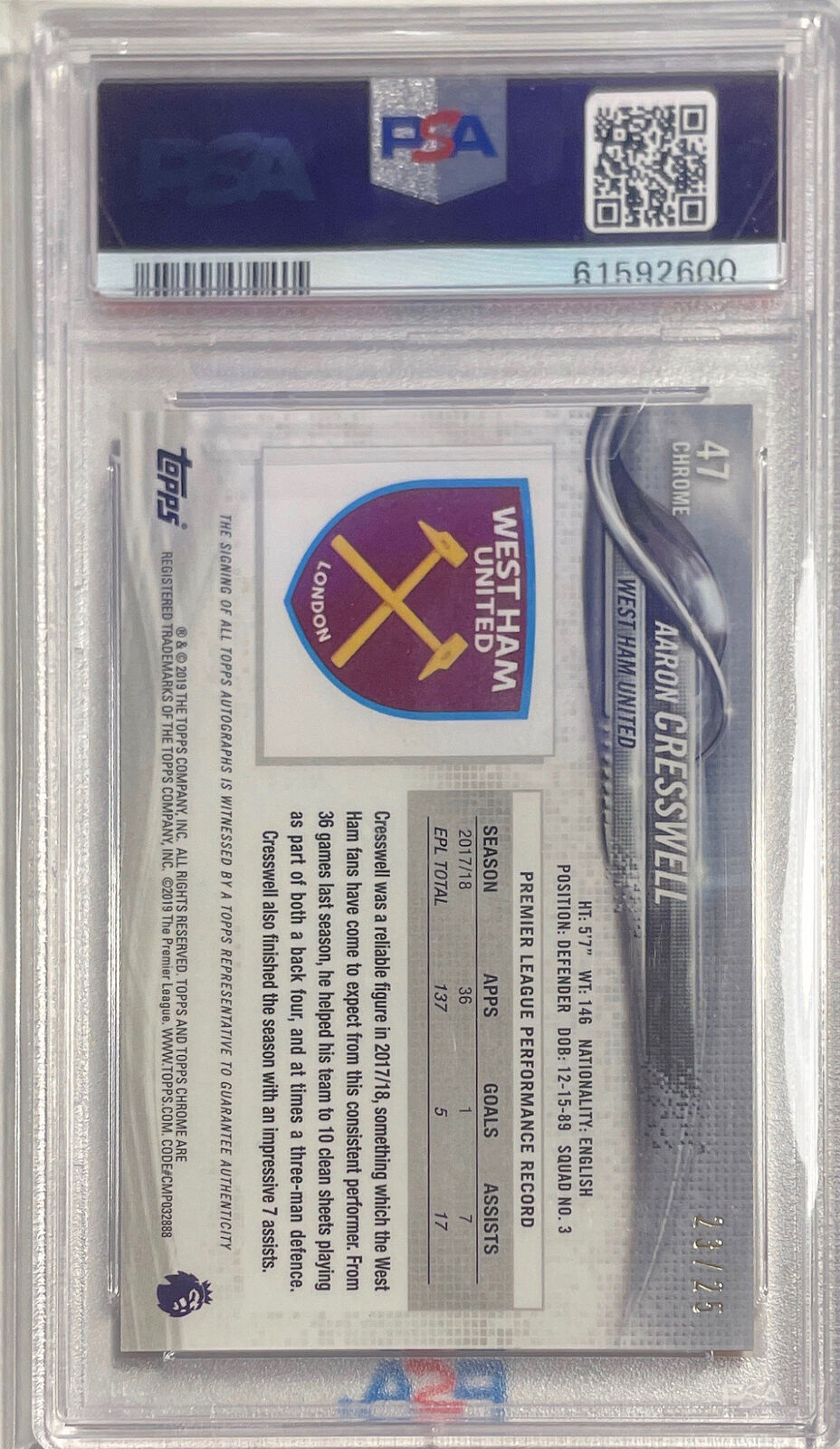 AARON CRESSWELL 2018-19 TOPPS CHROME EPL ORANGE AUTO REFRACTOR #D 23/25 PSA 6