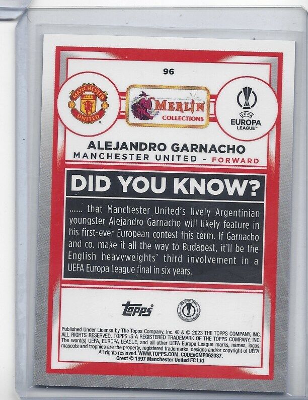 ALEJANDRO GARNACHO 2022-23 TOPPS MERLIN CHROME BLUE REFRACTOR RC #D 43/75