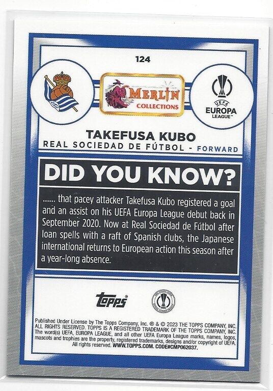 TAKEFUSA KUBO 2022-23 TOPPS MERLIN CHROME SPECKLE REFRACTOR #D 60/150