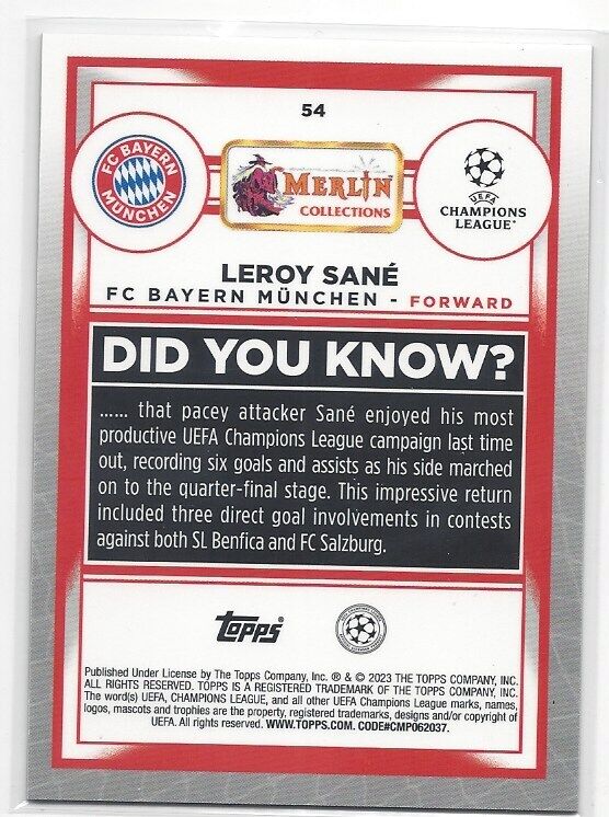 LEROY SANE 2022-23 TOPPS MERLIN CHROME SPECKLE REFRACTOR #D 36/150