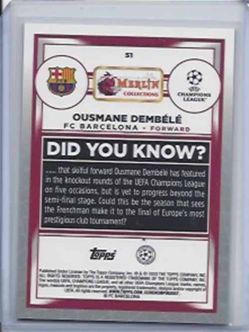 OUSMANE DEMBELE 2022-23 TOPPS MERLIN CHROME GREEN SHIMMER REFRACTOR #D 146/350