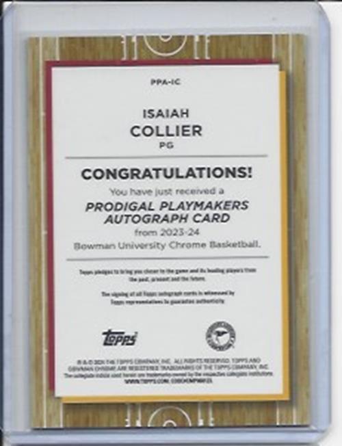 ISAIAH COLLIER 2023-24 BOWMAN CHROME UNIVERSITY PRODIGAL PLAYMAKERS ON CARD AUTO
