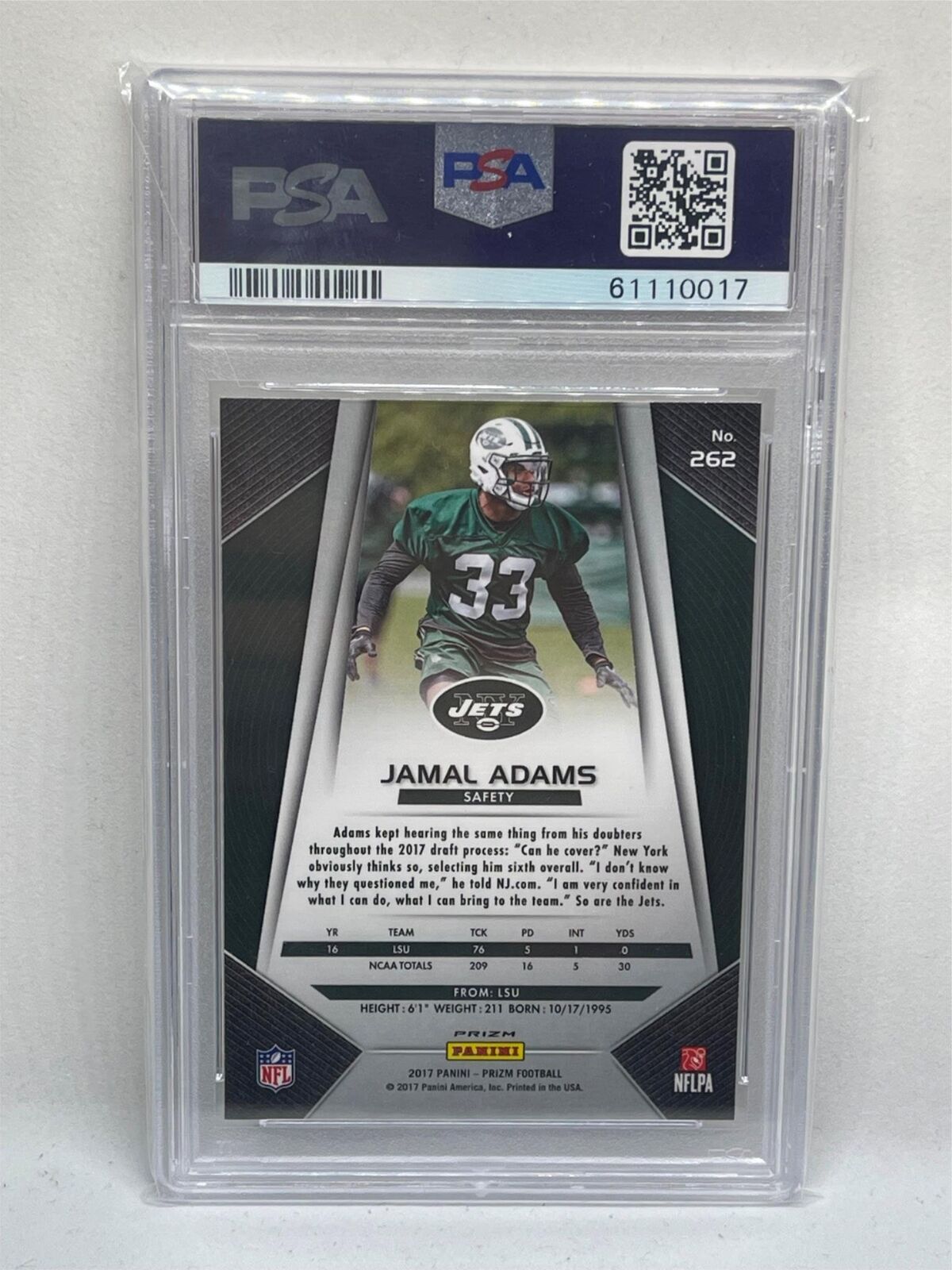 JAMAL ADAMS 2017 PANINI PRIZM WHITE SPARKLE PRIZM ROOKIE SSP RC #262 PSA 9 POP 2