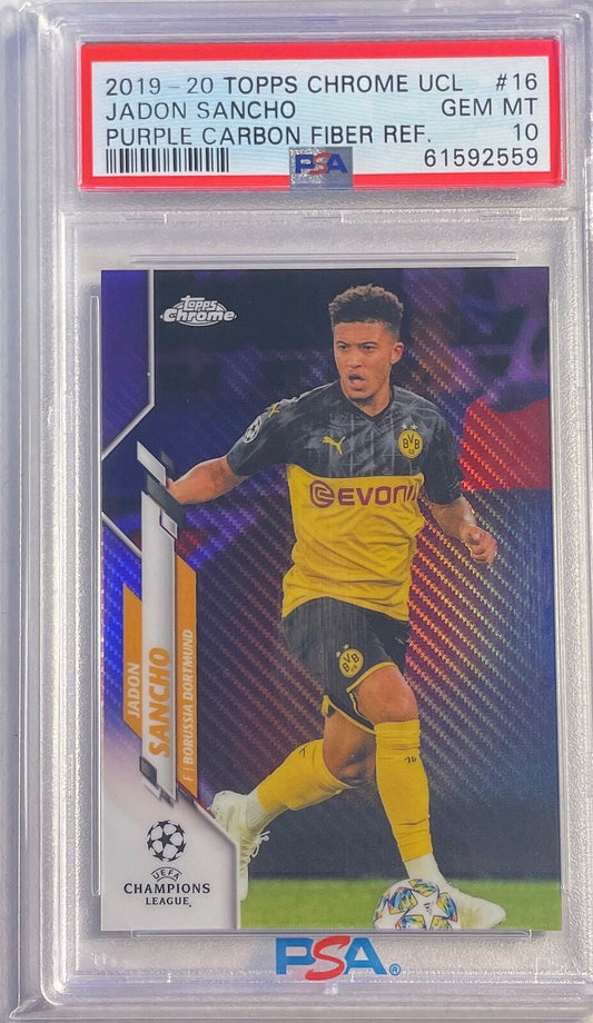 JADON SANCHO 2019-20 TOPPS CHROME UCL PURPLE CARBON REFRACTOR #16 PSA 10 POP 5