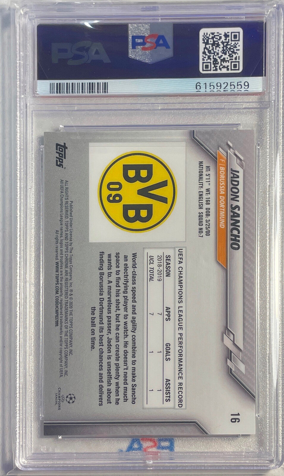 JADON SANCHO 2019-20 TOPPS CHROME UCL PURPLE CARBON REFRACTOR #16 PSA 10 POP 5