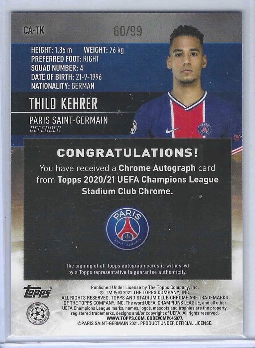 THILO KEHRER 2020-21 TOPPS STADIUM CLUB CHROME GREEN REFRACTOR AUTO #D 60/99