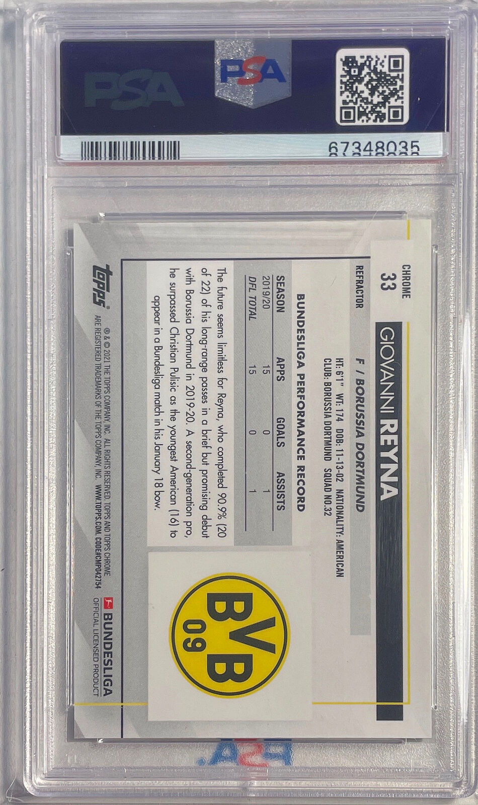 GIOVANNI REYNA 2020-21 TOPPS CHROME BUNDESLIGA REFRACTOR #33 PSA 10 GEM POP 4