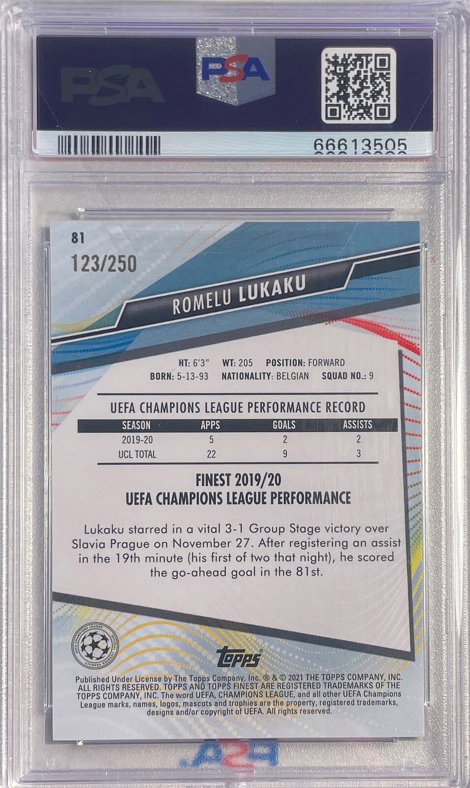 ROMELU LUKAKU 2020-21 FINEST UCL PURPLE REFRACTOR #D /250 PSA 10 GEM MINT POP 2