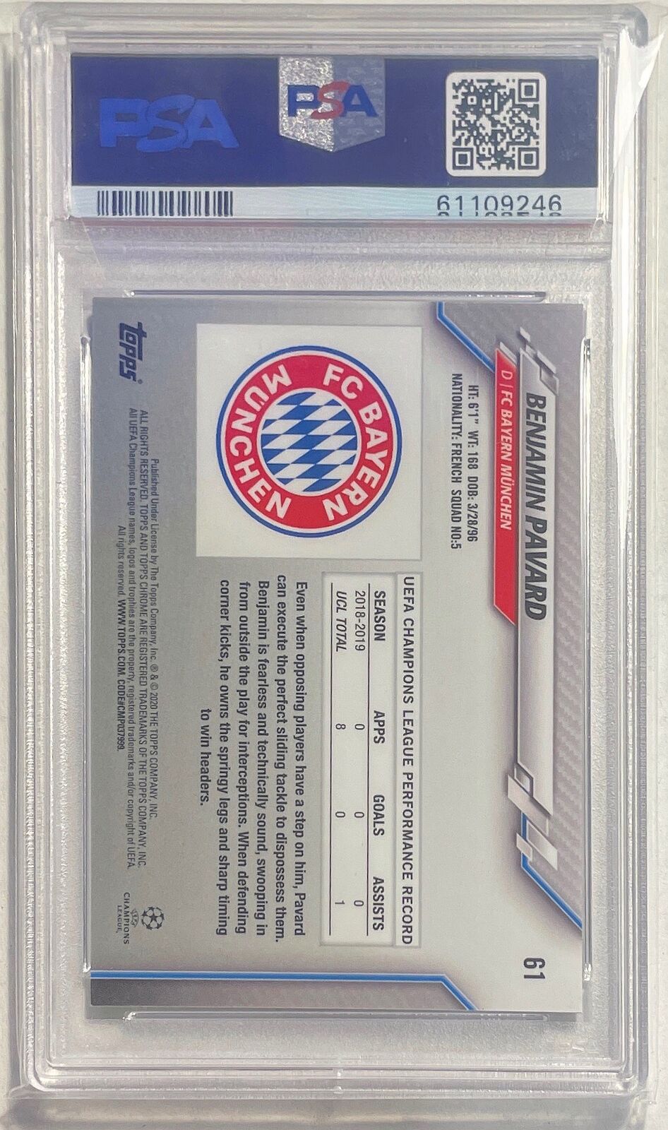BENJAMIN PAVARD 2019-20 TOPPS CHROME BLUE BUBBLES REFRACTOR RC 61 PSA 10 POP 1/1