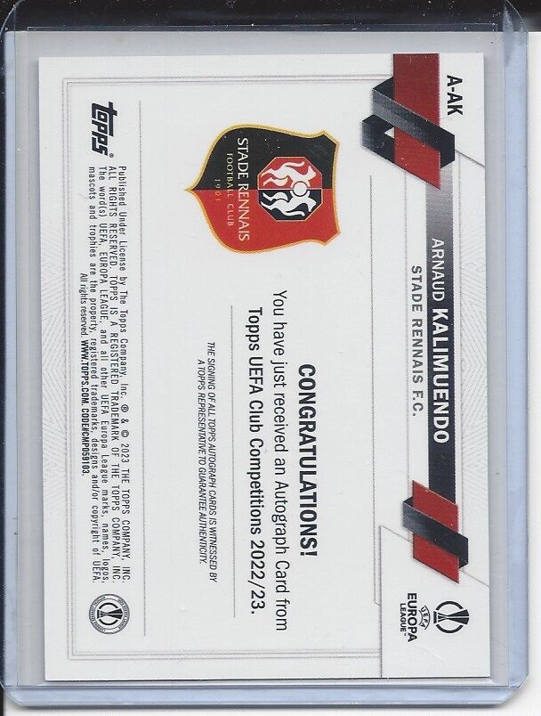 ARNAUD KALIMUENDO 2022-23 TOPPS CLUB COMPETITIONS SILVER FOIL ROOKIE AUTO RC