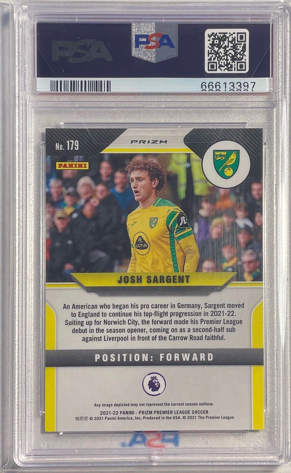 JOSH SARGENT 2021-22 PANINI PRIZM EPL MULTICOLOR PRIZM #179 PSA 10 GEM POP 1/1