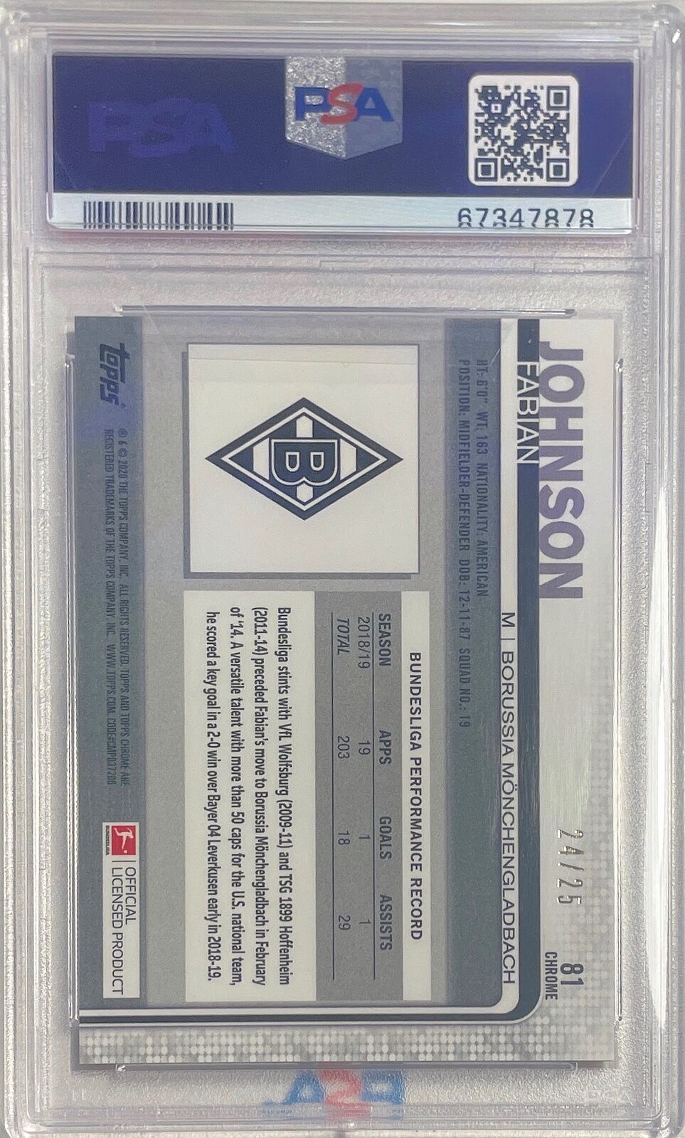 FABIAN JOHNSON 2019 TOPPS CHROME BUNDESLIGA ORANGE REFRACTOR /25 PSA 10 POP 1/1
