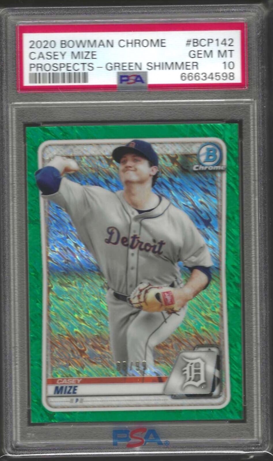 CASEY MIZE 2020 BOWMAN CHROME GREEN SHIMMER REFRACTOR PROSPECT /99 PSA 10 POP 1