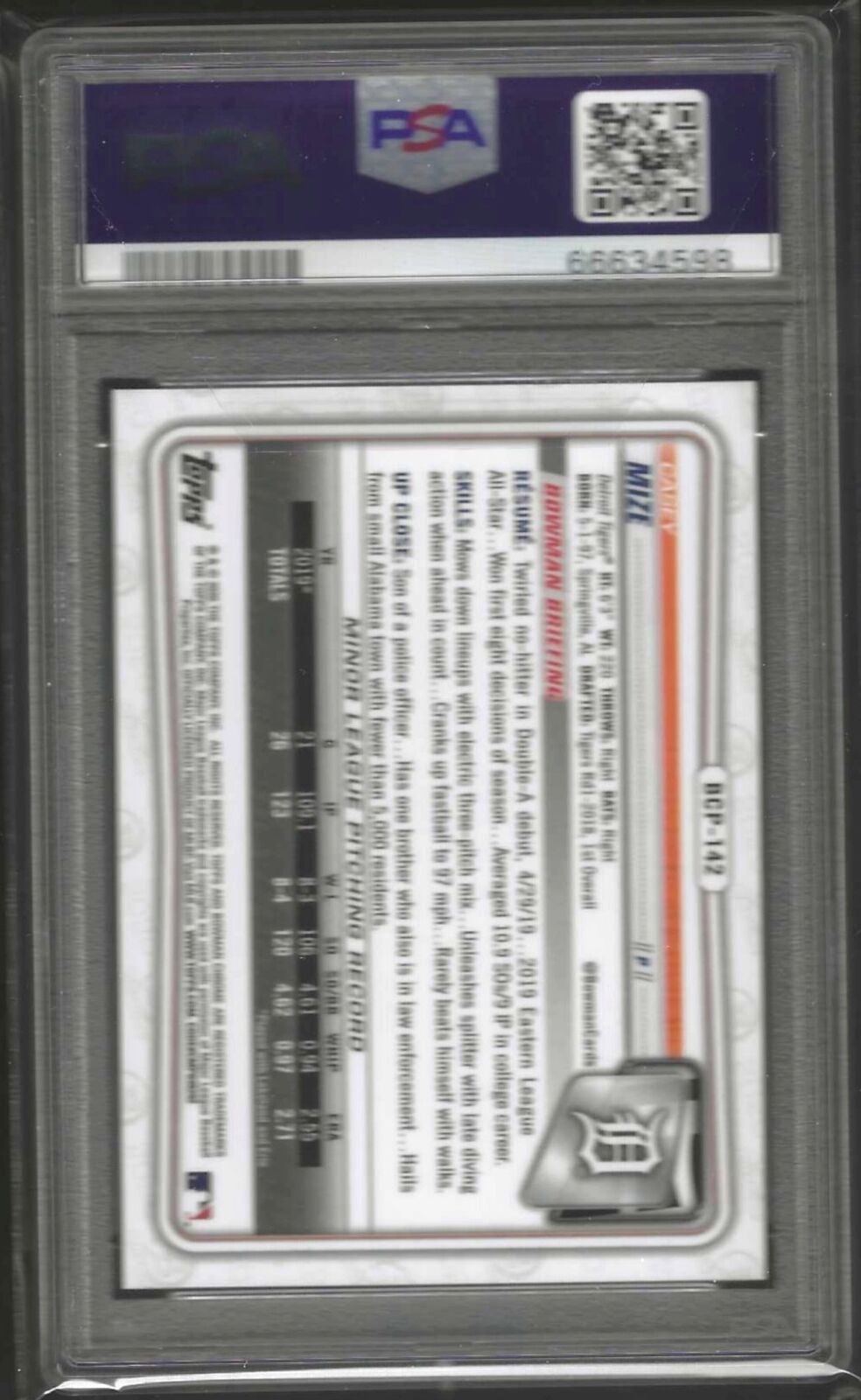 CASEY MIZE 2020 BOWMAN CHROME GREEN SHIMMER REFRACTOR PROSPECT /99 PSA 10 POP 1
