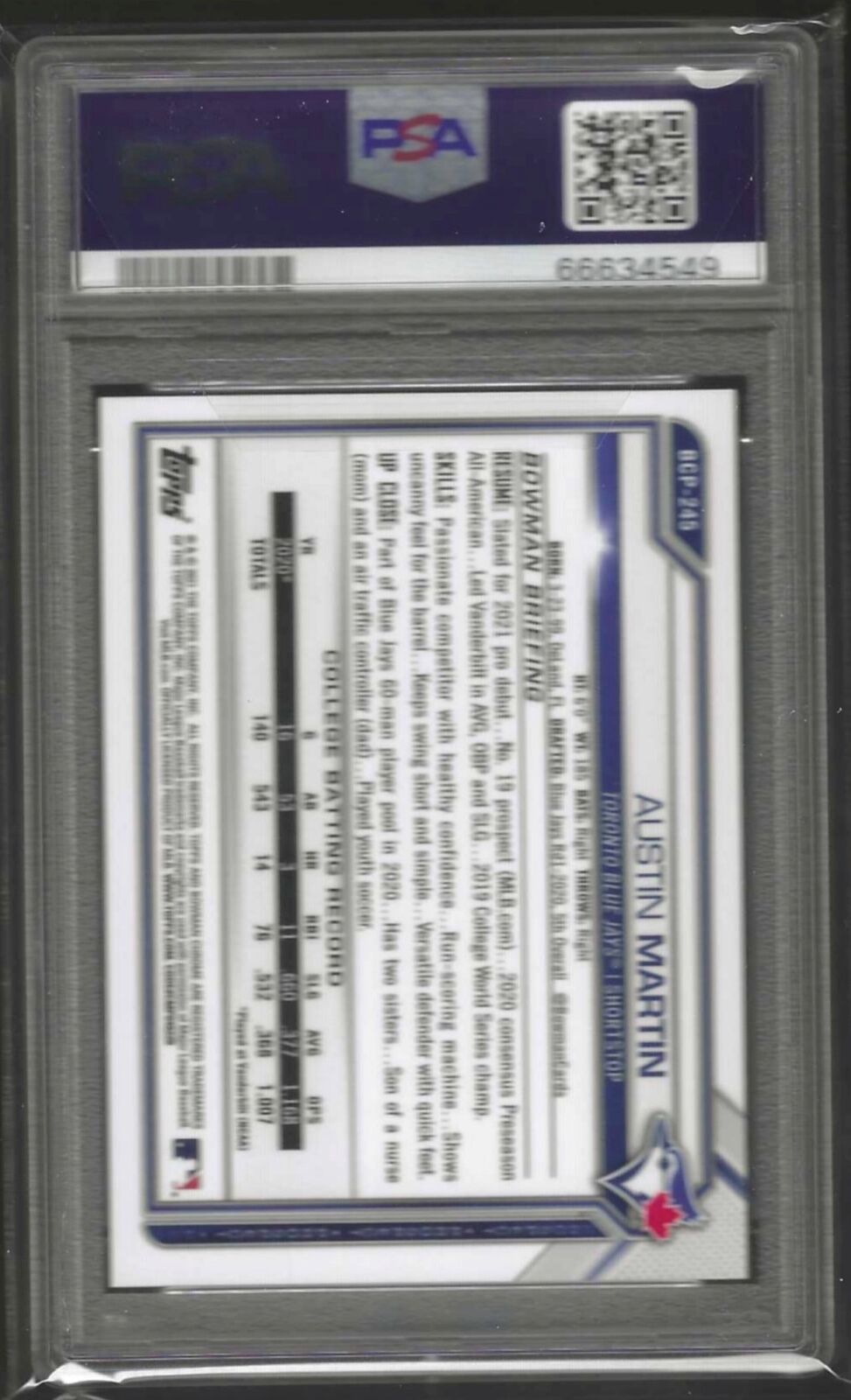 AUSTIN MARTIN 2021 BOWMAN CHROME GOLD MEGA REFRACTOR PROSPECT /50 PSA 9 POP 3