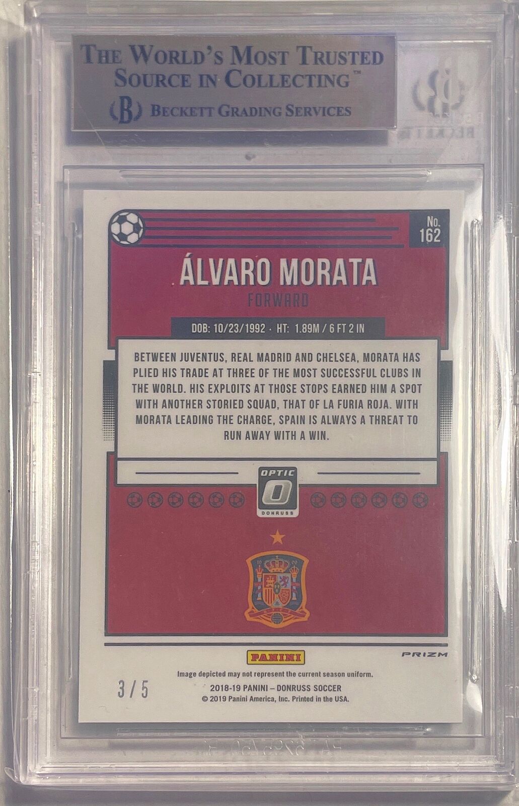 ALVARO MORATA 2019-20 DONRUSS OPTIC GREEN HOLO PRIZM #D 3/5 BGS 9.5 GEM POP 1/1