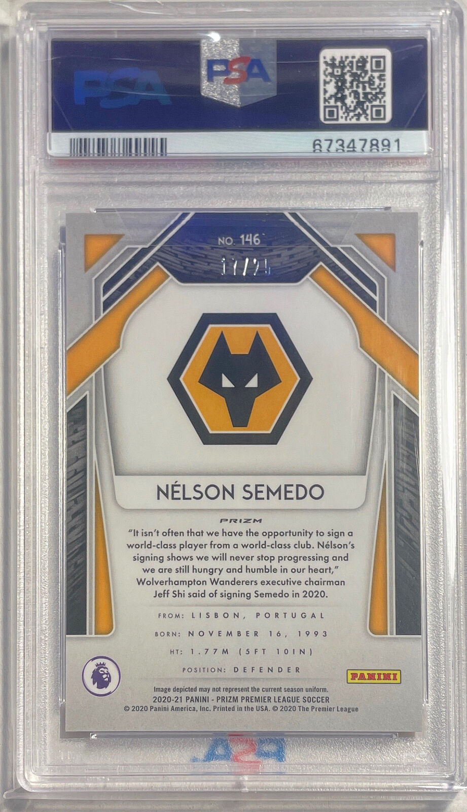 NELSON SEMEDO 2020-21 PANINI PRIZM EPL BRONZE BREAKAWAY #D 17/25 PSA 10 POP 1/1