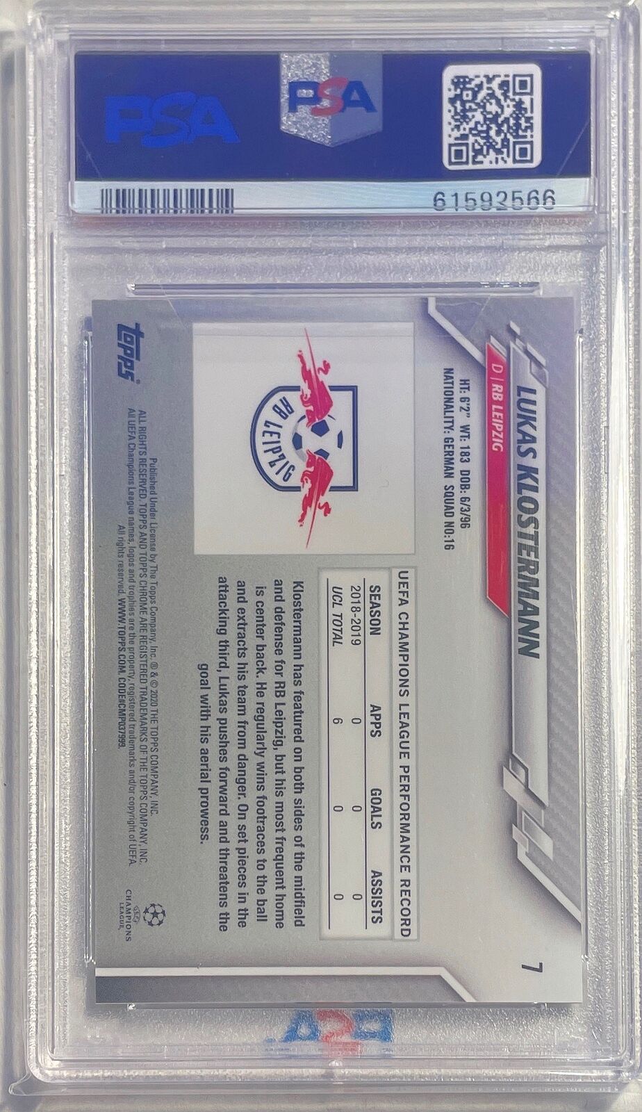 LUKAS KLOSTERMANN 2019-20 TOPPS CHROME ORANGE FIBER REFRACTOR #7 PSA 10 POP 1/1