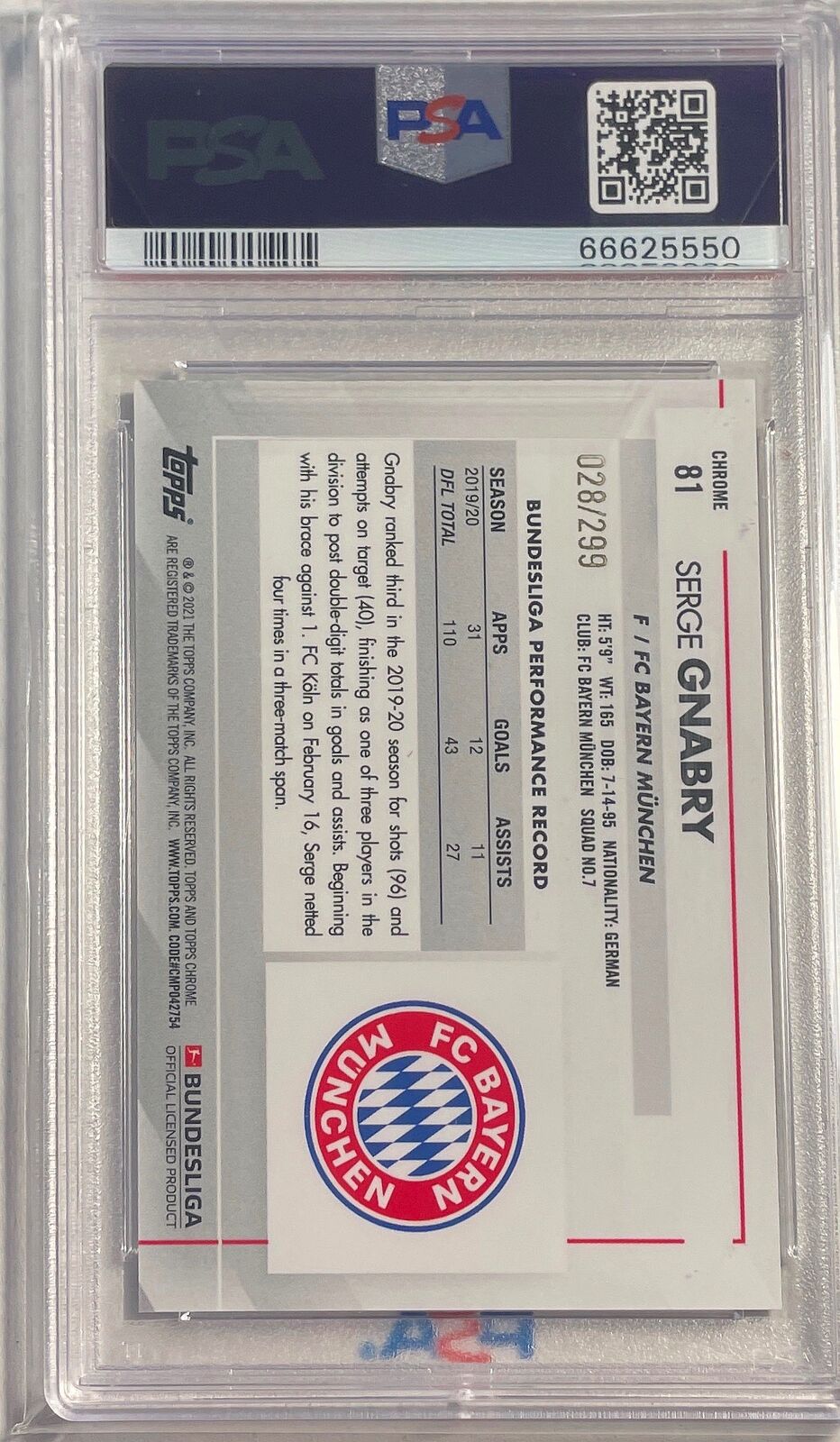 SERGE GNABRY 2020 TOPPS CHROME BUNDESLIGA PURPLE REFRACTOR /299 PSA 10 POP 1/1